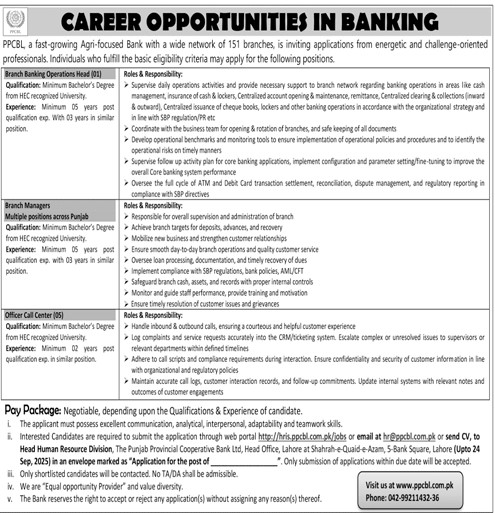 Branch Manager & Call Center Officer Jobs 2025 in Punjab Provincial Cooperative Bank Ltd PBCBL