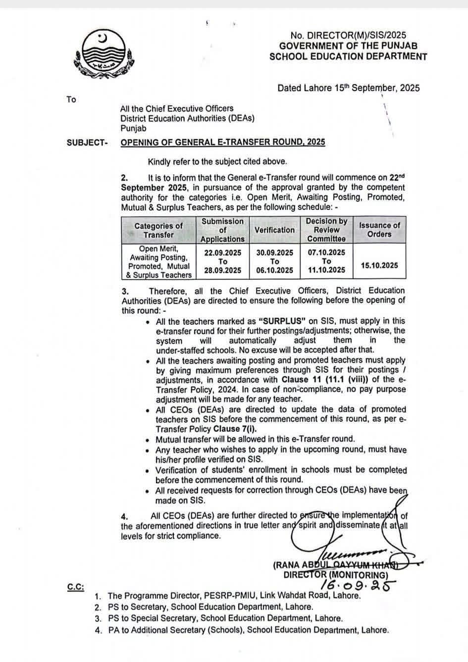 Transfer Open for Teachers of Punjab from 22 September 2025
