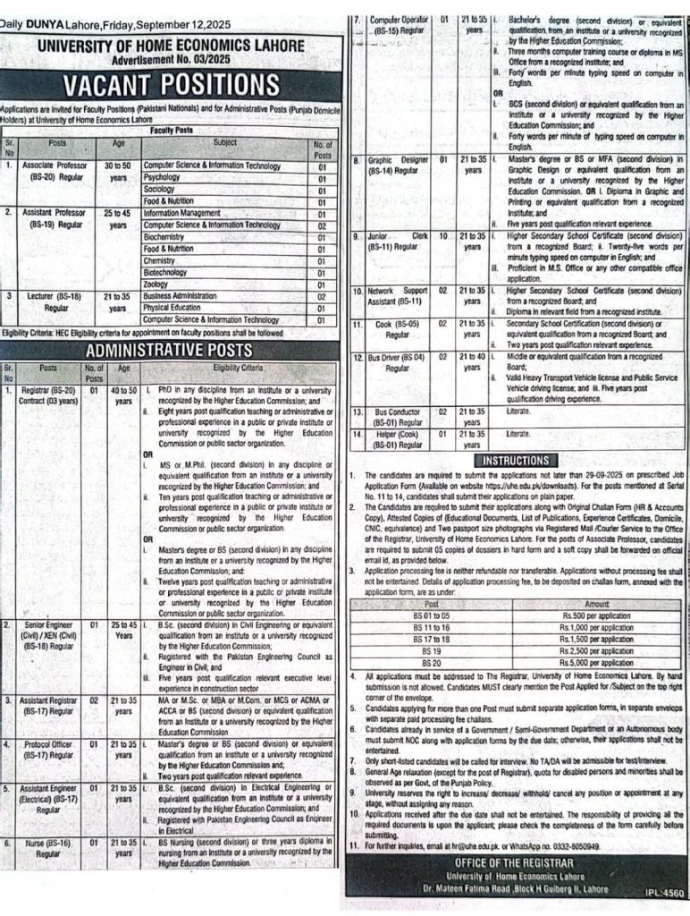 University of Home Economics Lahore Multiple New Jobs 2025